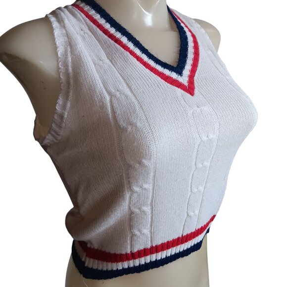 XS Vintage White Cable Knit Sleeveless Sweater Vest Japan Striped V-Neck Trim - Picture 4 of 6